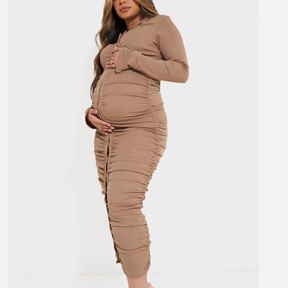 Pretty Little Things Maternity Stone Ruched Midaxi Dress Khaki Color 4 NWT in Pk - Picture 1 of 6